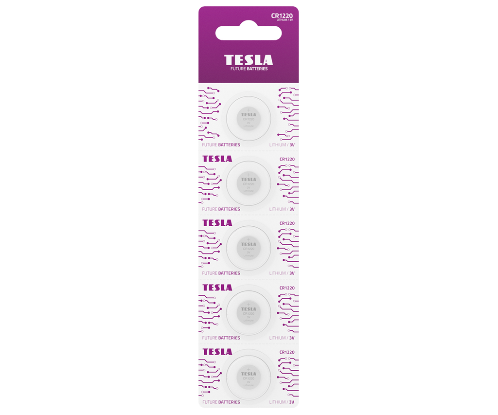 Tesla CR1220 5 stk í pk. Lithium rafhl.